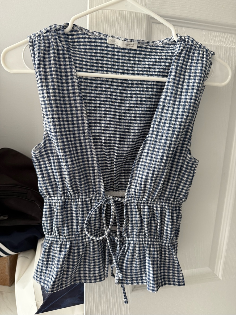 Zara Navy and White Gingham Textured Top